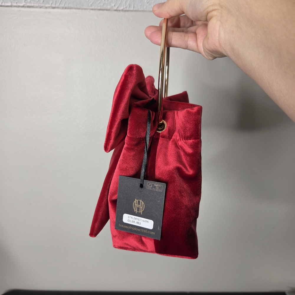 House of Harlow 1960 Red Velvet Bow Ring-Handle Clutch - Picture 2 of 8